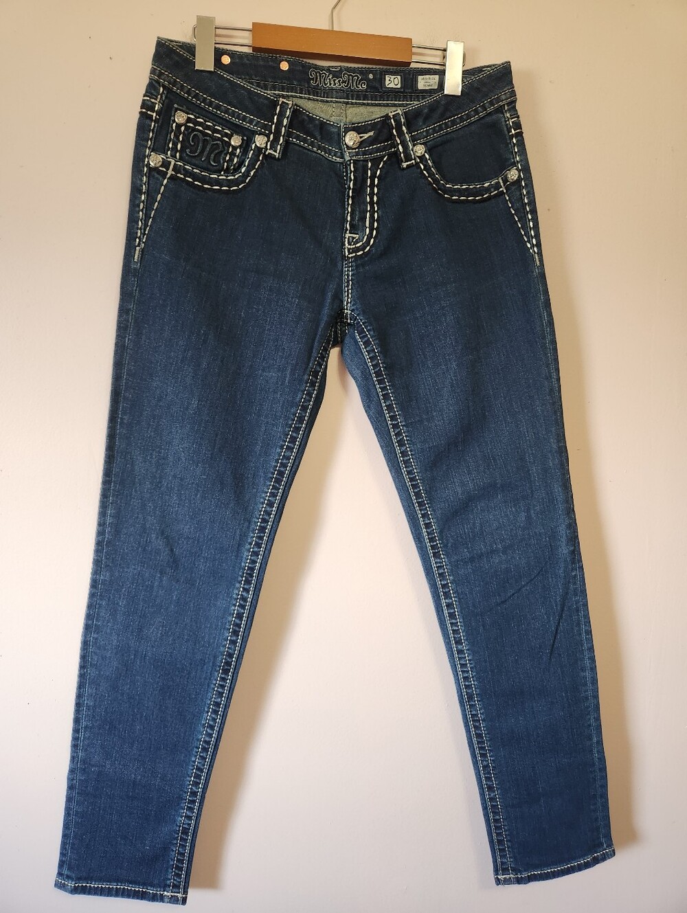 Miss Me Mid Rise Skinny Jeans Thick Stitch Bling Rhinestone Dark Wash Size 30